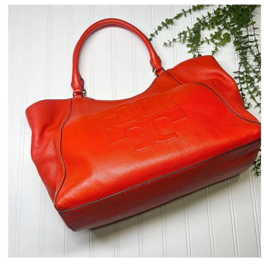 Tory Burch Red Pebble Leather Large Duel Handle Tote Bag